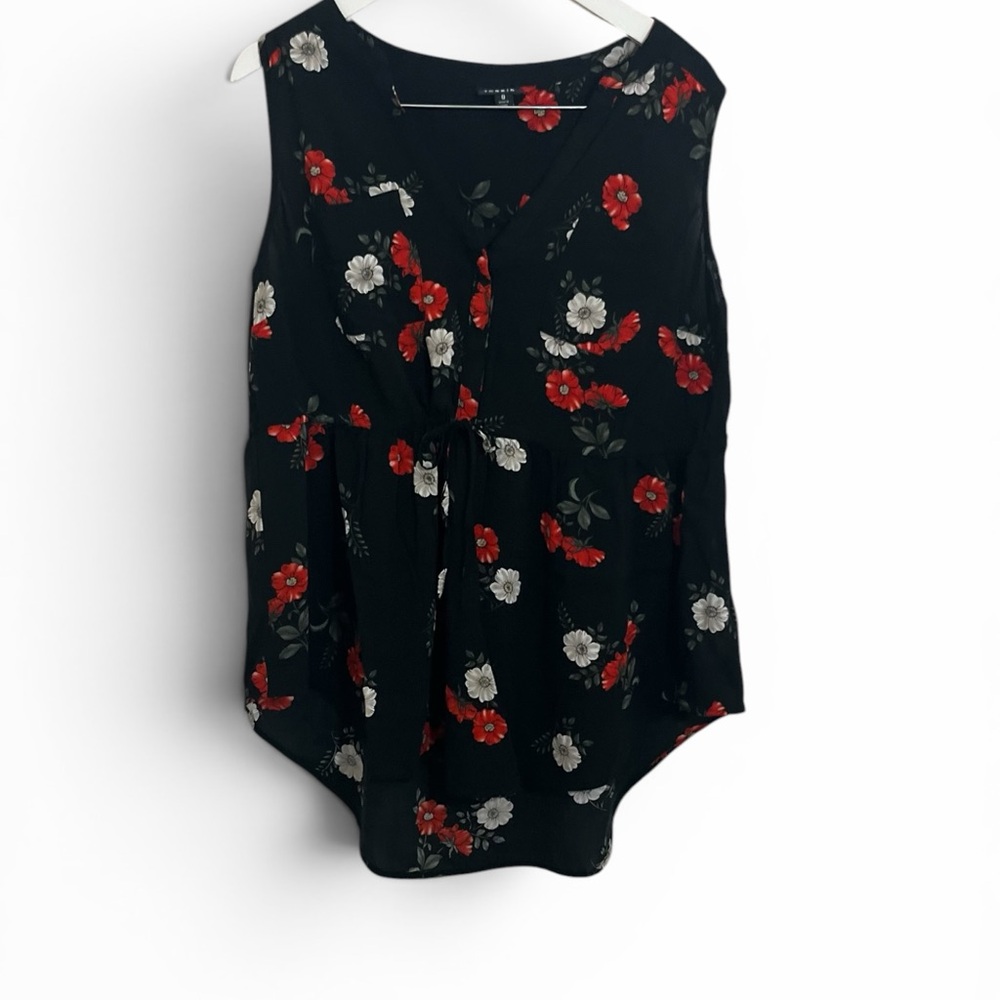 torrid Black Floral Sleeveless Tie-Front Top with Red & White Flowers